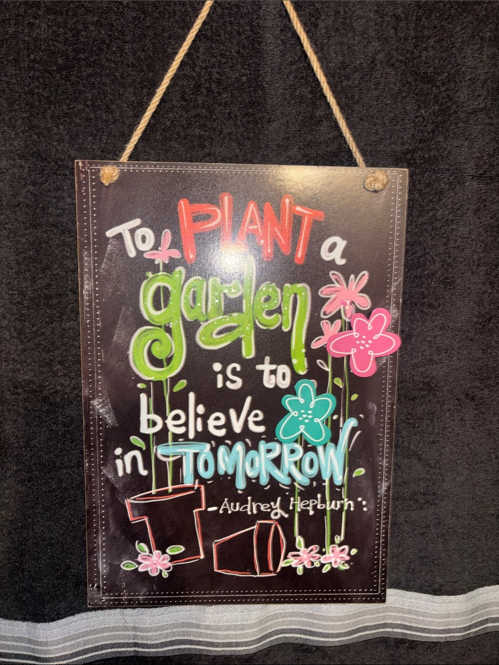 Hobby Lobby Black Wall Plaque with Green, Pink & Blue Floral Accents